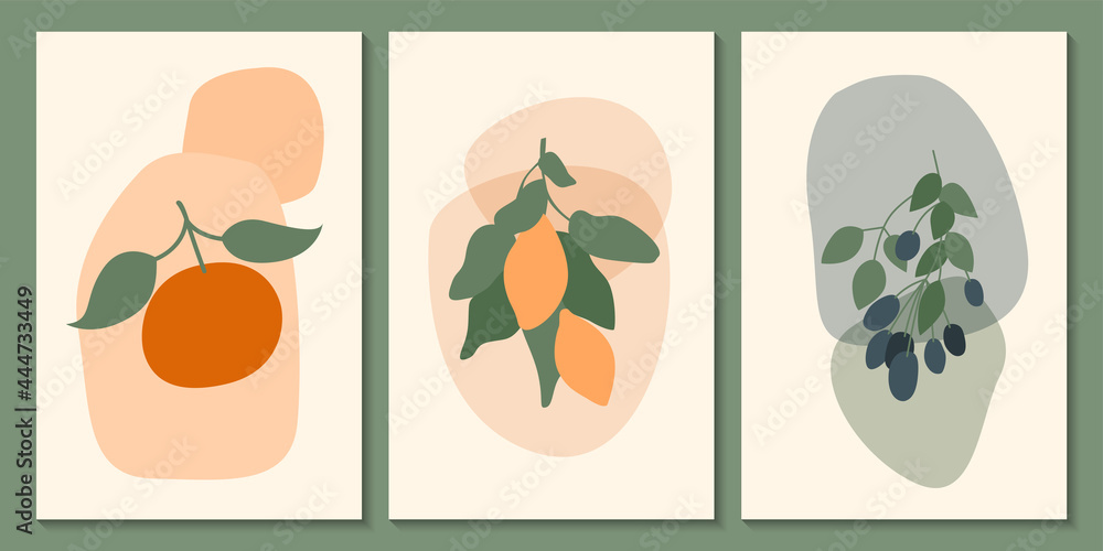 Fruit wall art poster set. Minimalist abstract boho fruit pattern background collection Fruit wall art poster set. Minimalist abstract boho fruit pattern background collection