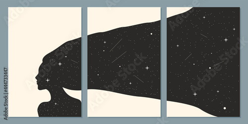 Woman graphic silhouette and space pattern background