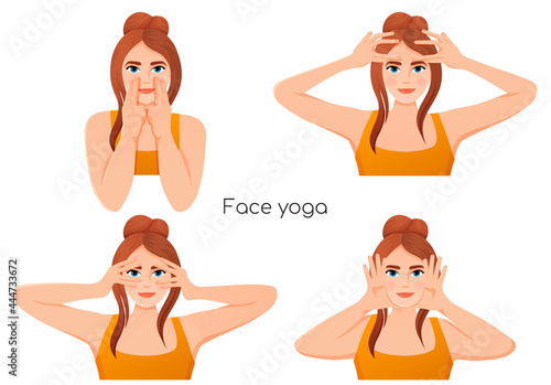 set a girl in a orange t-shirt does facial fitness exercises face yoga