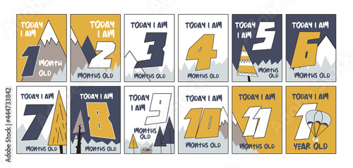 Milestone cards for new born. Colorful monthly baby cards with mountains, forest, trees. Printable stock vector template for growth memories photo. First year of baby boy or baby girl