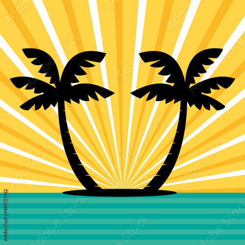 Two palm trees on an island. Paradise destination travel. Vector illustration.	