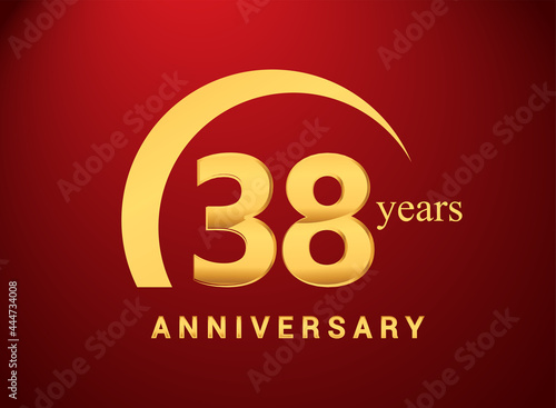 38th years golden anniversary logo with golden ring isolated on red background, can be use for birthday and anniversary celebration.