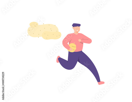 illustration of a man running because he is being chased by a swarm of bees. steal honey or beehives. honey thief. flat cartoon style. vector design