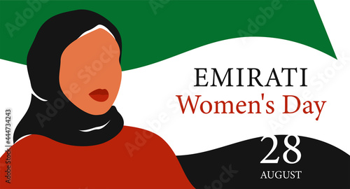 Emirati Women's day greeting card with Young arab woman wearing black hijab. Muslim girl stands against the UAE flag. Vector illustration. Holiday concept