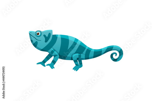 Funny little chameleon in bright blue colors flat vector illustration isolated.