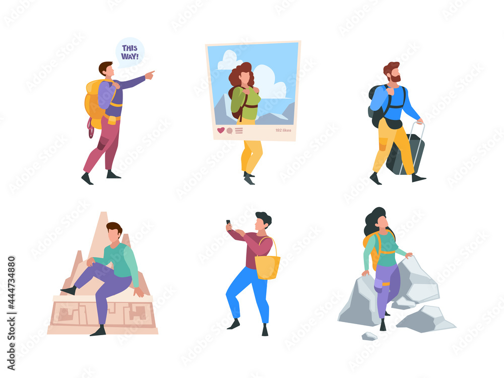 Travellers. Family couples happy people characters going to vacation outdoor tourists with backpacks garish vector flat colored illustrations