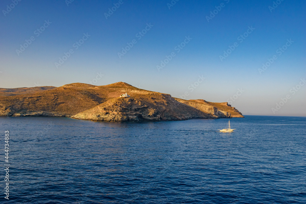Scenic seascape view near Lighthouse Tamelos located on the Tamelos cape, at the south side of Kea island, Greece