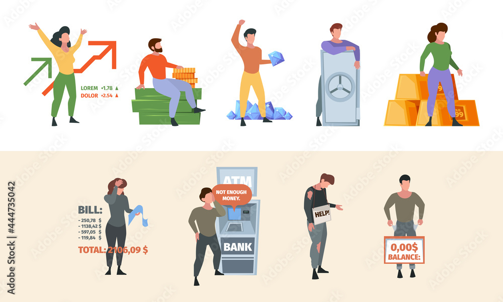 Poor millionaire. Business unhappy people growth money rich abundance financial opportunities problem with cash garish vector flat illustrations Poor millionaire. Business unhappy people growth money rich abundance financial opportunities problem with cash garish vector flat illustrations