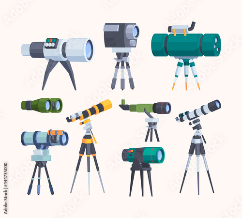 Optical tools. Equipment photographers telescope binoculars tools for outdoor exploring observation scientists items garish vector collection