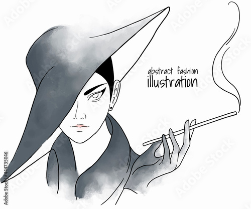 fashion illustration with female with cigarette and hat with watercolor grey texture