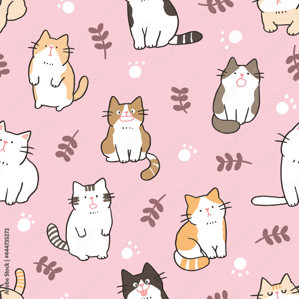 Seamless Pattern with Cartoon Cat Illustration on Pink Background