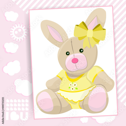 A cute cartoon beige plush hare in a yellow T-shirt and a skirt with a yellow bow on his head is sitting. Plush toy. Postcard with abstract creative minimalistic composition. Vector illustration