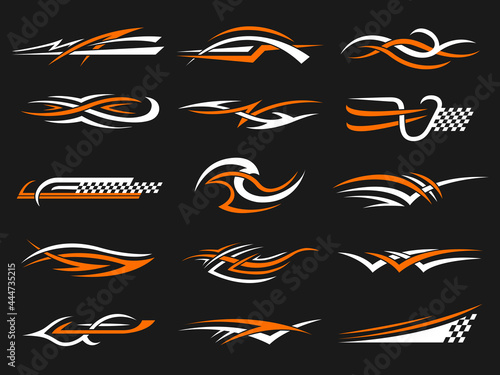 Car stripes. Vinyl stylized graphics templates symbols of flame geometrical shapes racing motorcycle club designs recent vector set
