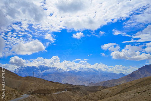 Beautiful natural scenery. The mountain range is the structure of the loess. View of between Lamayuru and Kargil in Ladakh ,Jammu and Kashmir, India, June 2018