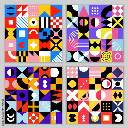 Neo geo pattern. Seamless background with geometrical shapes vintage colored squares circles triangles recent vector abstract neo geo templates