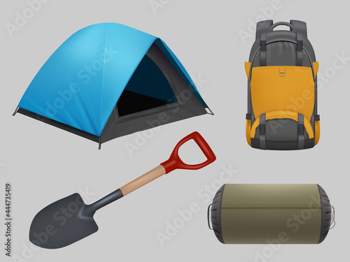 Camping realistic. Travel elements guitar tent backpack campfire decent vector illustrations collection isolated on white background