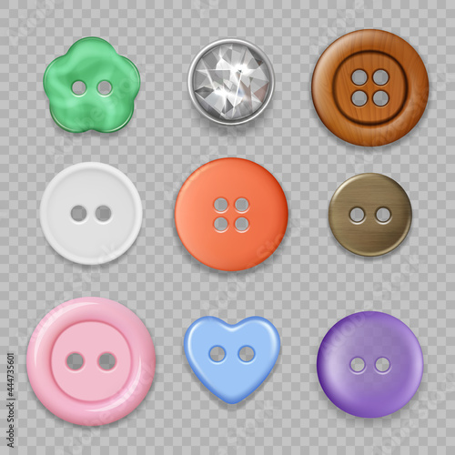 Tailor buttons. Colored clothes buttons closeup textile accessories fabric fashioned craft round items decent vector realistic pictures set