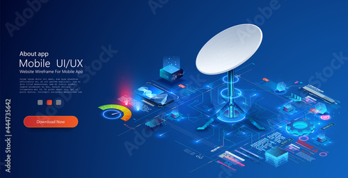 Digital communication technology. Digital data is transmitted via starlink satellite Internet. A new modern antenna transmits and receives a radio signal. Fantastic suppressive antenna system. Vector