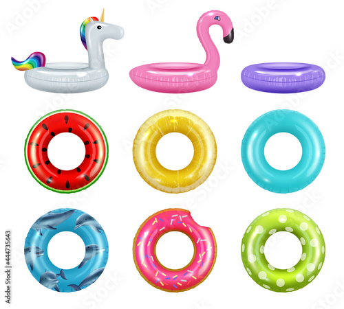 Inflatable donuts. Safety rubber rings toys rings for water pool colored swimming donuts decent vector realistic pictures set isolated
