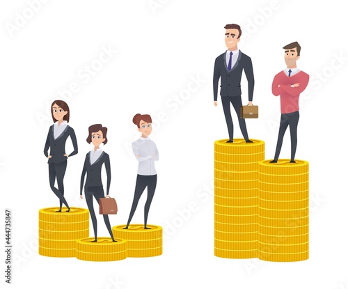 Gender gap inequality. Woman man salary gaps. Difference wage. Business people stand on golden coin stacks vector illustration
