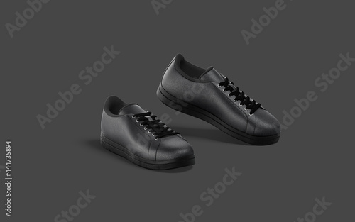 Blank black leather sneakers with lace tiptoe mockup, dark background