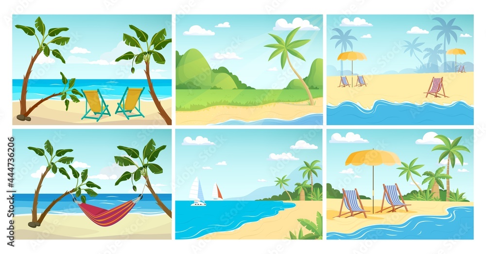 Summer beach landscape. Palm ocean relax, empty sea tropical vector background