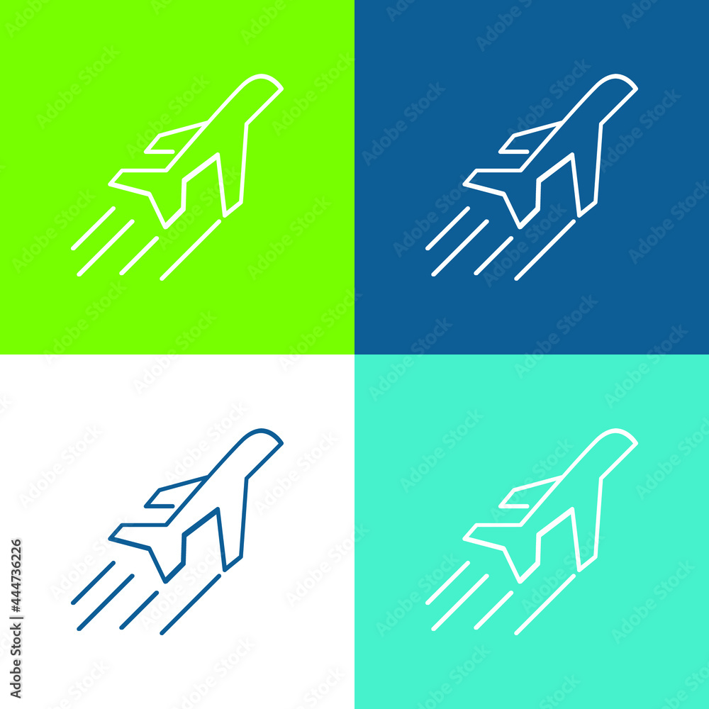 Airplane Side View In Flight Flat four color minimal icon set Airplane Side View In Flight Flat four color minimal icon set