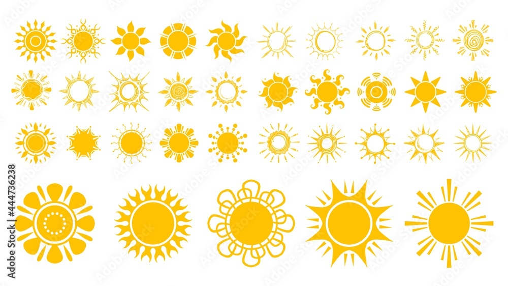Sun icons. Isolated yellow suns, flat and sketch sunny elements. Spring summer season, good hot weather vector symbols Sun icons. Isolated yellow suns, flat and sketch sunny elements. Spring summer season, good hot weather vector symbols