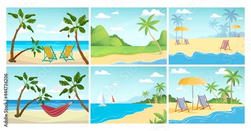 Summer beach landscape. Palm ocean relax, empty sea tropical vector background