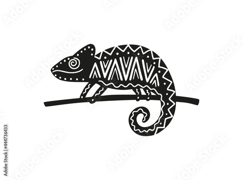 Black silhouette of chameleon with geometric decor vector illustration isolated.