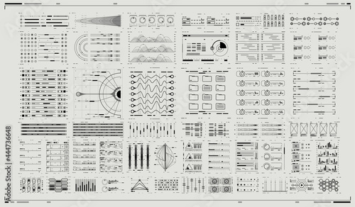 Set of Sci Fi Modern User Interface Elements. Infographic elements. Futuristic virtual graphic. HUD UI for Business App. Digital dashboard panel illustration. Abtract Header Status Bar.