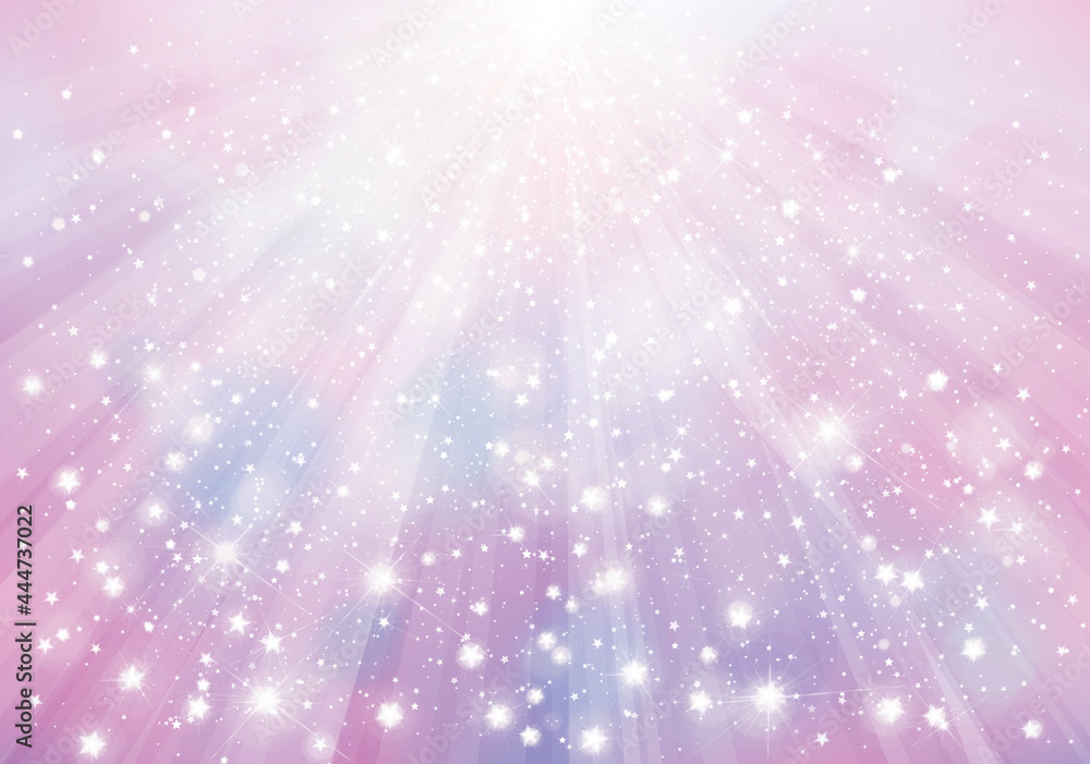 Fototapeta Vector violet sparkling background with rays, lights and stars.