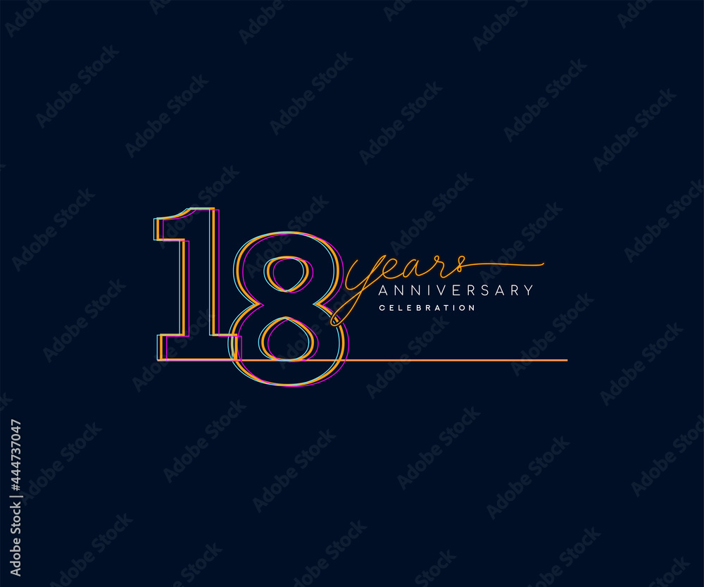 18th Years Anniversary Logotype with Colorful Multi Line Number Isolated on Dark Background.