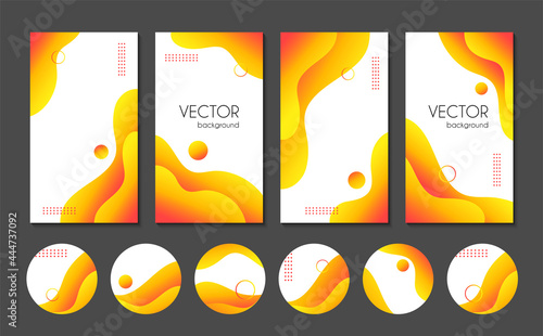 Abstract liquid yellow stories templates and highlight cover icons for social media. Vector fluid gradient backgrounds for instagram
