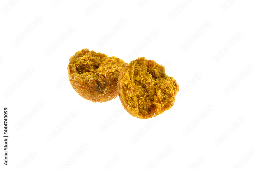 Close up view of broken brown boilies, fishing baits for carp isolated on white background Close up view of broken brown boilies, fishing baits for carp isolated on white background