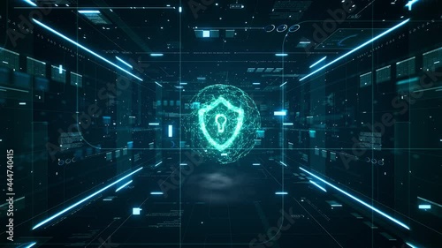 Cyber security concept. Shield With Keyhole icon on digital data background. Cyber data security or information privacy idea. Blue abstract hi speed internet technology. Big data flow analysis.