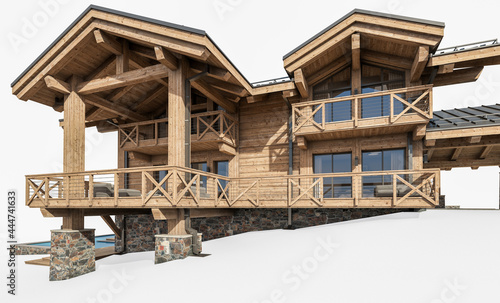 3d rendering of modern cozy chalet with pool and parking for sale or rent. Massive timber beams columns. Clear sunny summer day. Isolated on white