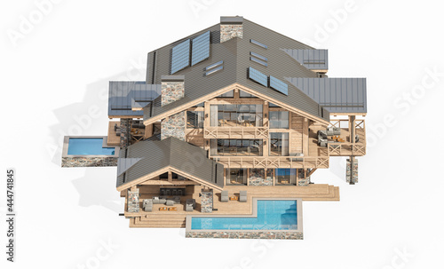 3d rendering of modern cozy chalet with pool and parking for sale or rent. Massive timber beams columns. Clear sunny summer day. Isolated on white