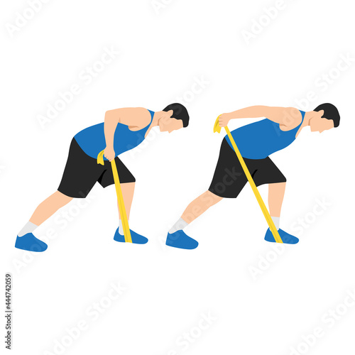 Man doing Resistance band tricep kickbacks exercise. Flat vector illustration isolated on white background