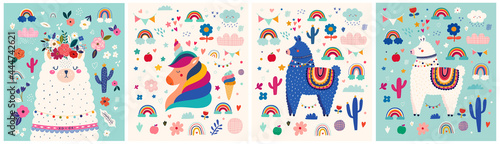 Baby designs with cute llama and unicorn. Baby animals pattern. Vector illustration with cute animal lama, alpaca and unicorn. Nursery baby illustration