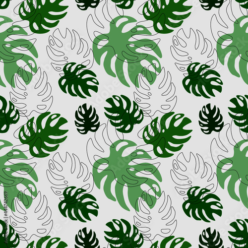 Seamless monstera leaves pattern. Tropical green leaf. Vector illustration. 