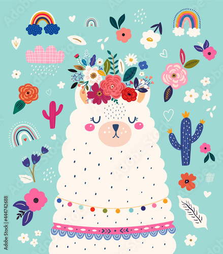 Baby design with cute llama. Baby animals pattern. Vector illustration with cute animal lama, alpaca. Nursery baby illustration