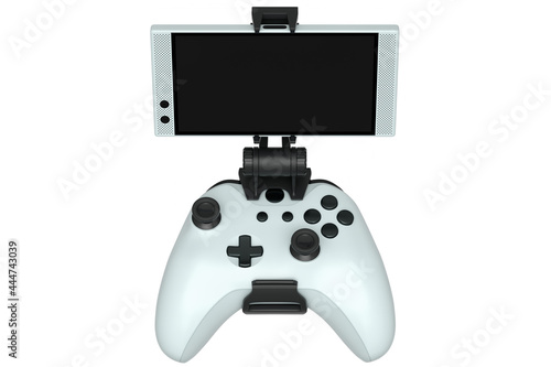 Realistic white joystick for playing games on mobile phone on white background