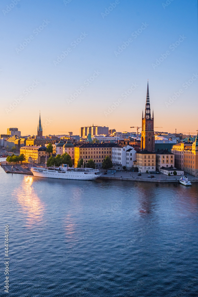 Beautiful panoramic view of Stockholm skyline in Stockholm city, Sweden, popular tourist destination in Scandinavia. Sunset, summer evening - polar day at Monteliusvägen at Södermalm.