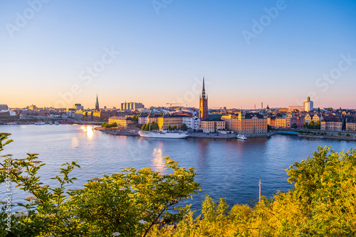 Beautiful panoramic view of Stockholm skyline in Stockholm city  Sweden  popular tourist destination in Scandinavia. Sunset  summer evening - polar day at Monteliusv  gen at S  dermalm.