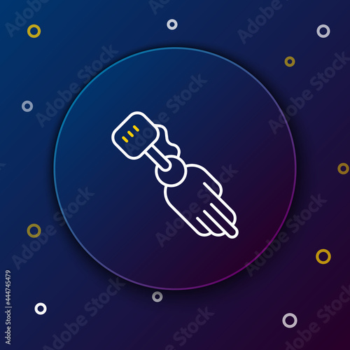 Line Prosthesis hand icon isolated on blue background. Futuristic concept of bionic arm, robotic mechanical hand. Colorful outline concept. Vector