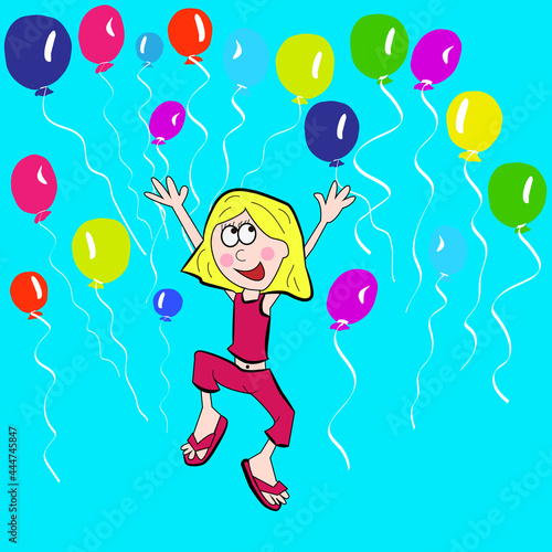 Chica feliz con globos de colores.