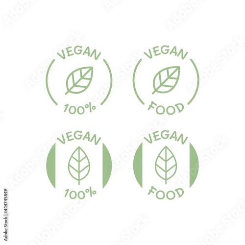 Vegan food and products vector label icon set. 100 % vegan circle sticker set.