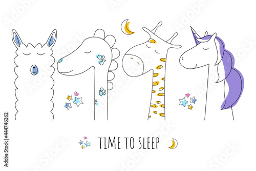 Set of animals in the style of doodle, time to sleep. Unicorn, alpaca, dinosaur and giraffe are sleeping. Vector illustration for children, on a white background.