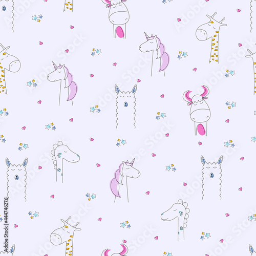 Doodle animals pattern. Seamless pattern with alpaca, unicorn, cow and dinosaur. Vector illustration for children and babies. For printing on paper and fabric.
